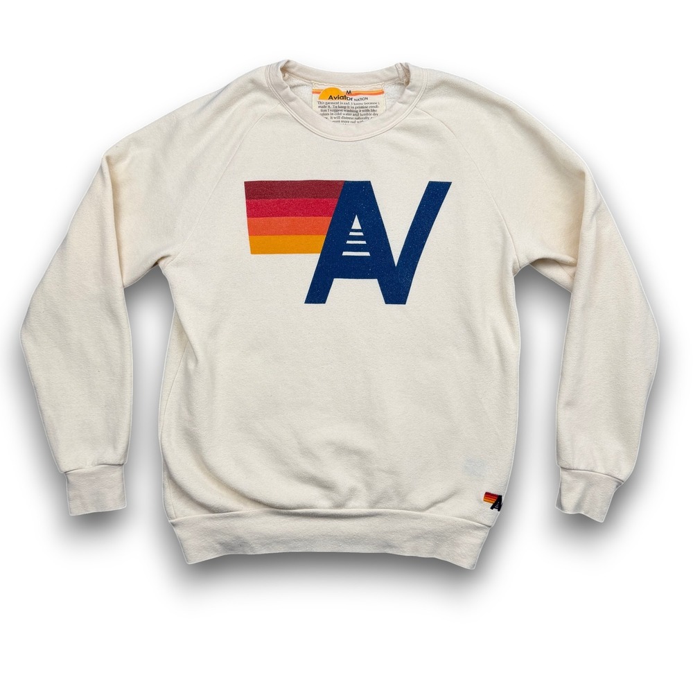 Aviator Nation Sweatshirt Mens M Cream Logo Graphic Pullover Fleece Vintage USA